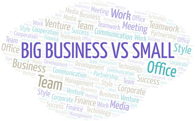 Big Business Vs Small word cloud. Collage made with text only.
