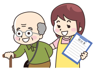 高齢男性の通院に付き添う介護士の女性