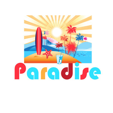 Vector bright advertising and tourism and travel icon for tropical islands.