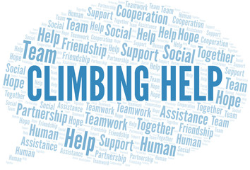 Climbing Help word cloud. Vector made with text only.