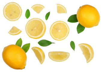 Lemon with leaf and slices isolated on white background. Flat lay , top view