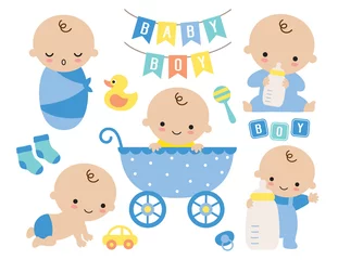 Fotobehang Baby boy vector illustration. Cute baby boy in a stroller and baby items such as toy, milk bottle, socks, yellow duck, pacifier, sign. © JungleOutThere