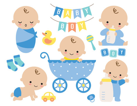 Baby boy vector illustration. Cute baby boy in a stroller and baby items such as toy, milk bottle, socks, yellow duck, pacifier, sign.