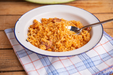 Las migas is a typical Spanish dish made with crumbs, onions and chorizo
