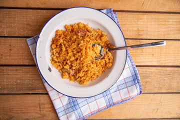 Las migas is a typical Spanish dish made with crumbs, onions and chorizo