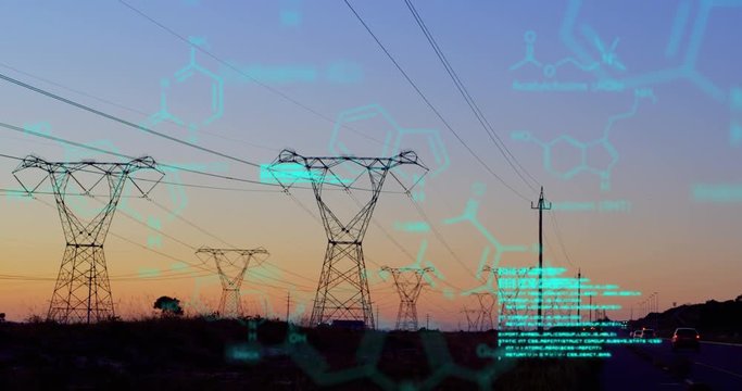 Chemical structures with program codes and a background of transmission towers