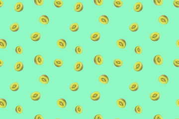 Seamless photographic pattern of kiwi fruit on green background, horizontal