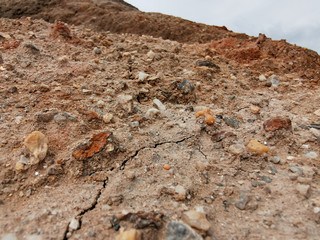 Clay Open Quarry Mars Landscape with red Water.  stone Texture. Erosion Crack Hill Desert Surface