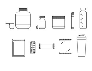 Vector set of black-white sports nutrition icons isolated from the background. Collection of icons for sports nutrition site. Supplements, pills, shakers, medicines, protein for athletes