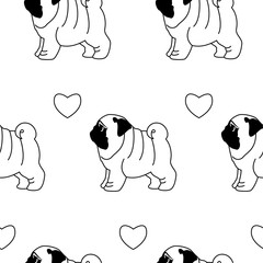 Pug dog and heart prints seamless pattern isolated on white background. Minimalistic, cartoon, flat style, vector black and white pattern design.