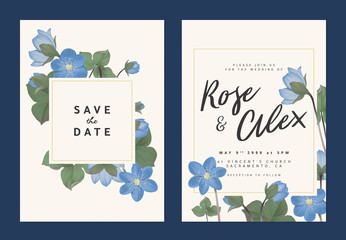 Botanical wedding invitation card template design, blue Hepatica Nobilis flowers with square frame on light orange background, pastel vintage theme