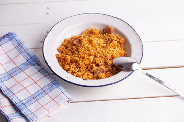 Las migas is a typical Spanish dish made with crumbs, onions and chorizo