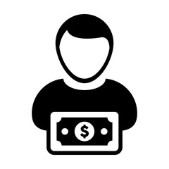 Payment icon vector male user person profile avatar with dollar sign currency money symbol for banking and finance business in flat color glyph pictogram illustration