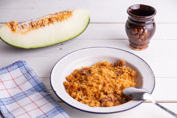 Las migas is a typical Spanish dish made with crumbs, onions and chorizo