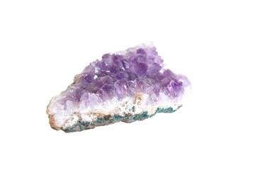 Amethyst druze crystal stone mineral. Purple rough quartz crystals geode isolated on white background