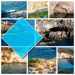 Collage photos Zakynthos Island - Greece, in the square 1:1 format. A pearl of the Mediterranean with beaches and coasts suitable for unforgettable sea holidays. Limnionas Beach.
