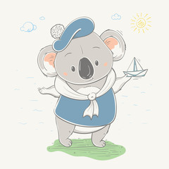 Lovely cute koala in sailor clothes launches paper boat. Koala bear in funny clothes, hand-drawn.