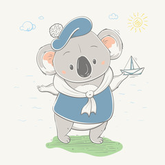 Lovely cute koala in sailor clothes launches paper boat. Koala bear in funny clothes, hand-drawn.