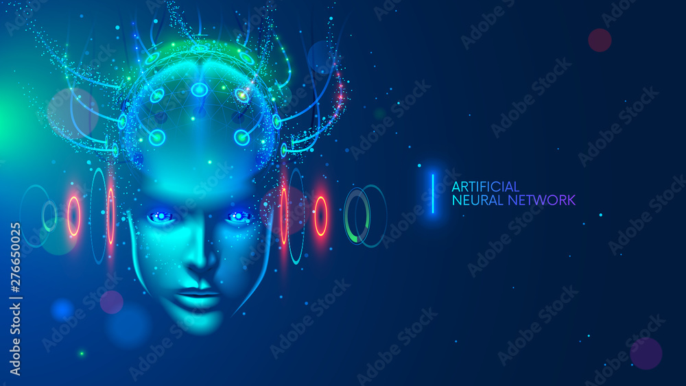 Poster Artificial intelligence concept illustration. Head, face with cybernetic digital brain, neural network link to virtual interface. Futuristic cyberpunk mind. computer, Machine learning cyber system.