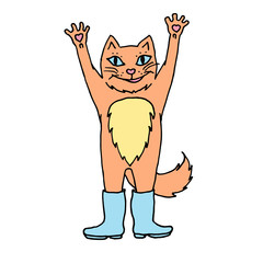 Happy cat in rubber boots. Colorful sketch, hand drawing. Outline with different colors on white background. Vector illustration