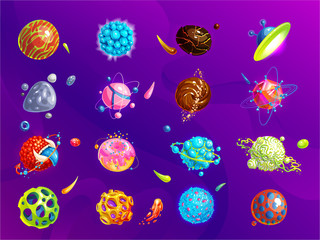 Space planets, asteroid, moon, fantastic world game vector cartoon icons. Color asteroid and planet, illustration fantastic universe cartoon planets. Fantasy colorful planets set. Cosmic collection