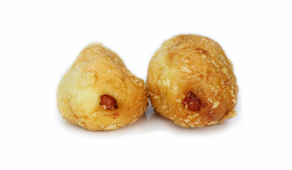 two baked bun with sausage inside isolated on white background