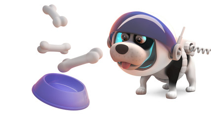 Funny space dog in spacesuit looking at bones falling into dog bow, 3d illustration © Steve Young
