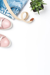 Collection of female outfit with accessories. Flat lay