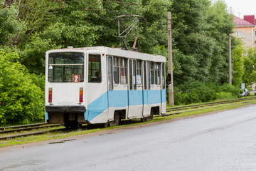 Plakat old tram on the street