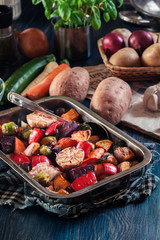 Roasted vegetables on baking metal tray