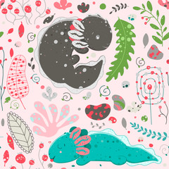 Cute Kawaii axolotl, baby amphibian drawing. Cute animal drawing, funny cartoon illustration. Floral seamless pattern with elements of flora, leaves, twigs, berries, stones