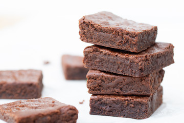 Close up homemade chocolate brownies with copy space
