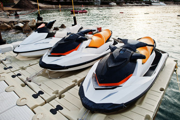 Three jet ski on a calm blue sea of Bodrum, Turkey.