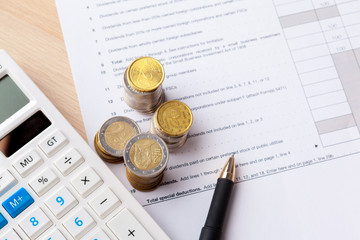 Saving stack coins money concept. Graph, chart document close up