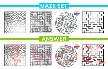 Maze, labyrinth conundrum for kids. Maze set, collection labyrinth. Children puzzle game. Vector stock illustration