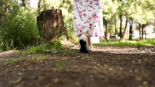 the girl walks through the sunny forest in a long white dress with red flowers. The hem of the dress flutters in the wind, and poplar fluff flies from under the feet. She sits on a stump