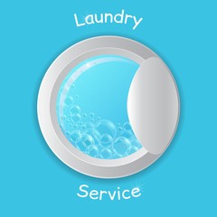 Vector realistic washing-machine door with soup bubbles isolated on blue background. Laundry template. 3D illustration.