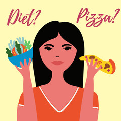 The girl thinks what to choose a diet or pizza. Healthy food. Vector editable file eps 10