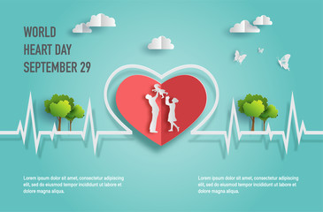 World Heart Day concept, happy family with heartbeat line, father holding baby daughter up in the air, paper art and craft style, flat-style vector illustration.