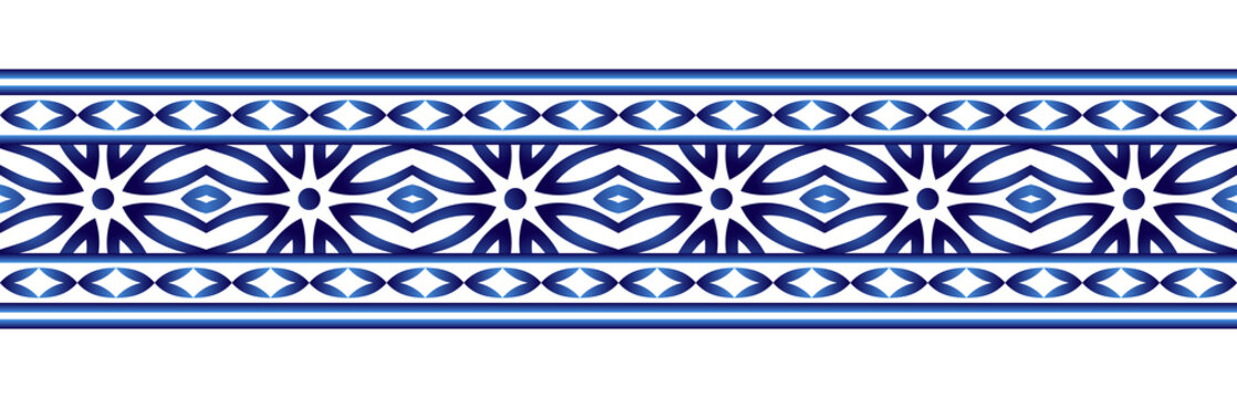 Ceramic tile border pattern. Islamic, indian, arabic motifs. Damask border seamless pattern. Porcelain ethnic bohemian background.