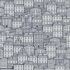 Vector seamless pattern with old hand drawn houses in retro style. Cityscape background, can be used as wallpaper, wrapping paper, textile, fabric