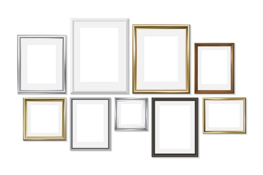 Set of different picture frames isolated on white background. Gold, silver, wood. Vector illustration, EPS 10