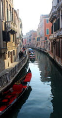 Venezia, Italia, December 28, 2018 Venice canal with typical Venetian gondolas
