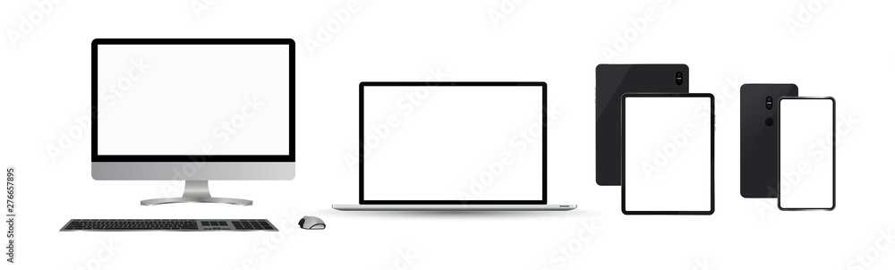 Poster mockups 3d set of realistic devices (smartphone, tablet, laptop). mockups 3d set, gadgets to showcas