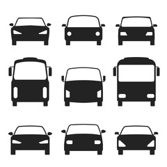 Set of cars silhouette, front view. Bus, truck. Vector illustration EPS 10