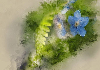 Digital watercolor painting of Vibrant forget-me-not Spring flowers