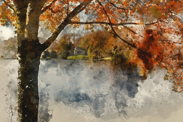 Digital watercolor painting of Trees and lake in Autumn colors