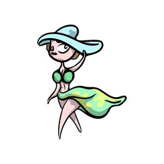 Cute blonde girl with blue beach hat in green swimwear