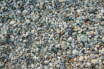 Beach stone pebbles. The texture of small stones and sand. Can be used as a texture, background or wallpaper