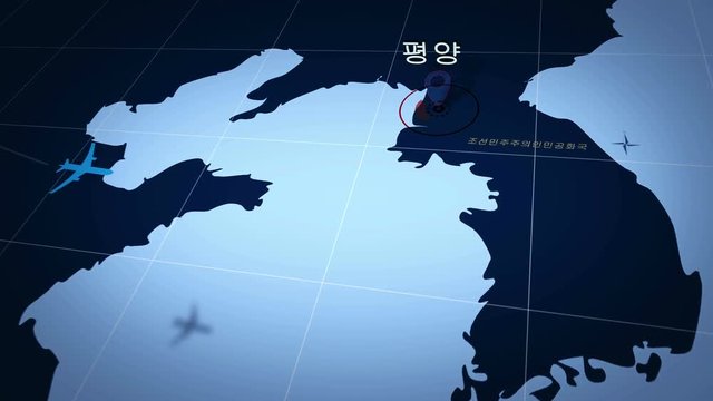 Pyongyang in Korean on simple blue map. Plane symbol with trail flight over atlas chart with city marked by pushpin. Airplane icon moving on maps 3d animation.